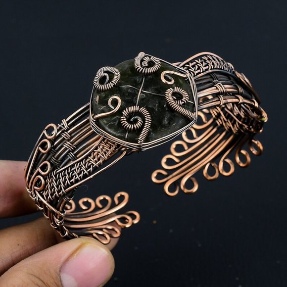 Moldavite Copper Wire Wrapped Cuff Bangle - Picture 1 of 2